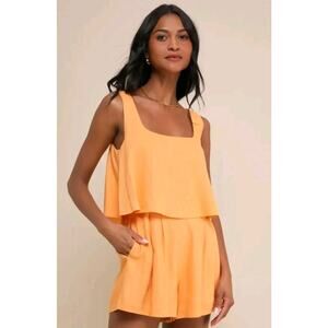 Lulu’s Linen Blend Romper Orange Sleeveless Flowy Lined Summer Sz M
